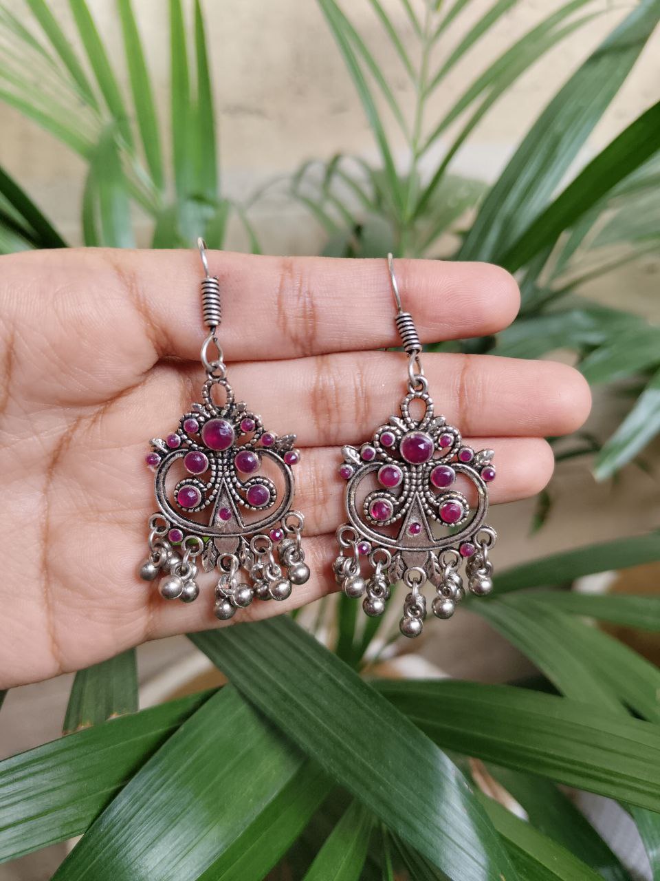 Handcrafted German Silver Hook Earrings | Floral Stone Work with Ghungroo Amazing Jewelry 2 floral german silver ghungroo hook earrings for women
