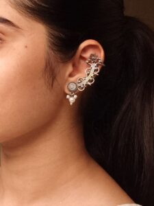Vintage Look Silver Replica Earcuff | Flower Design with Pearl Work Traditional Amazing Jewelry