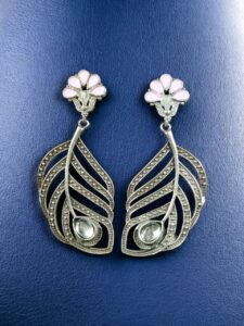 Oxidized Peacock Feather Earrings | Silver Replica Stylish Dangler Unique Jewelry for Girls - color: "Baby Pink"