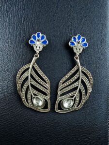 Oxidized Peacock Feather Earrings | Silver Replica Stylish Dangler Unique Jewelry for Girls - color: "Blue"