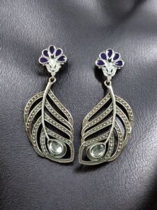 Oxidized Peacock Feather Earrings | Silver Replica Stylish Dangler Unique Jewelry for Girls - color: "Amethyst"