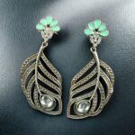 Bulk 292 Oxidized Peacock Feather Earrings | Silver Replica Stylish Dangler Unique Jewelry for Girls - "Mint"