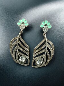 Oxidized Peacock Feather Earrings | Silver Replica Stylish Dangler Unique Jewelry for Girls - color: "Mint"
