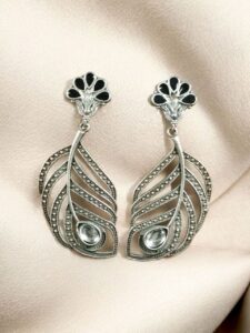 Oxidized Peacock Feather Earrings | Silver Replica Stylish Dangler Unique Jewelry for Girls - color: "Black"