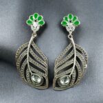 Bulk 294 Oxidized Peacock Feather Earrings | Silver Replica Stylish Dangler Unique Jewelry for Girls - "Green"