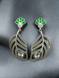 Oxidized Peacock Feather Earrings | Silver Replica Stylish Dangler Unique Jewelry for Girls - color: "Green"
