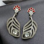 Bulk 296 Oxidized Peacock Feather Earrings | Silver Replica Stylish Dangler Unique Jewelry for Girls - "Red"