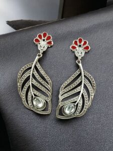 Oxidized Peacock Feather Earrings | Silver Replica Stylish Dangler Unique Jewelry for Girls - color: "Red"