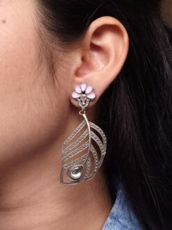 Oxidized silver replica peacock feather earrings for women.