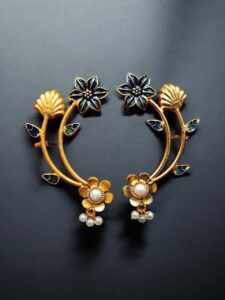 Gold Plated Meenakari Flower Earcuff | Handcrafted Beautiful Design Jewelry For Girls - color: "Blue"