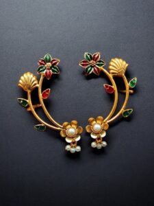 Gold Plated Meenakari Flower Earcuff | Handcrafted Beautiful Design Jewelry For Girls - color: "Red-Green"