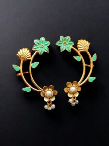 Gold Plated Meenakari Flower Earcuff | Handcrafted Beautiful Design Jewelry For Girls - color: "Mint"