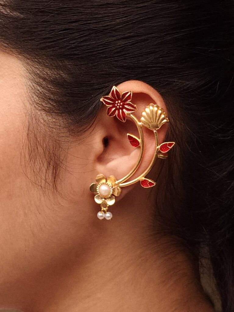 Gold Plated Meenakari Flower Earcuff | Handcrafted Beautiful Design Jewelry For Girls