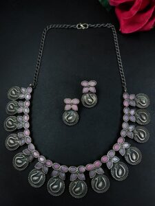 Beautiful Peacock Choker Necklace Set | Stone Work Silver Touch Ethnic Wear Jewelry - color: "Baby Pink"