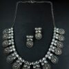 Peacock stone work silver replica choker necklace set for women.