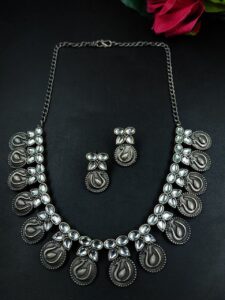 Beautiful Peacock Choker Necklace Set | Stone Work Silver Touch Ethnic Wear Jewelry - color: "White"