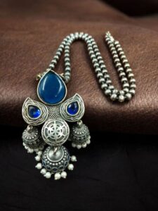 Traditional Jhumki Style Necklace | Silver Touch Stone Work Ethnic Best Jewelry - color: "Blue"