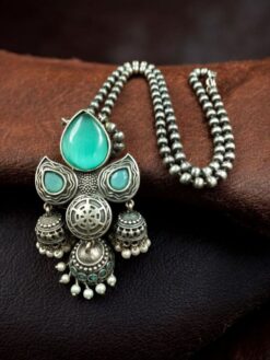 Traditional silver replica jhumki style necklace for women.
