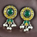 Bulk 216 Traditional Silver Plated Stud Earrings | Stone & Pearl Perfect Daily Wear Jewelry for Girls - "Yellow-Green"