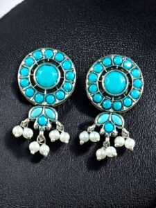 Traditional Silver Plated Stud Earrings | Stone & Pearl Perfect Daily Wear Jewelry for Girls - color: "Aqua"
