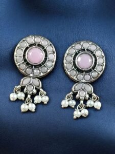 Traditional Silver Plated Stud Earrings | Stone & Pearl Perfect Daily Wear Jewelry for Girls - color: "Baby Pink"