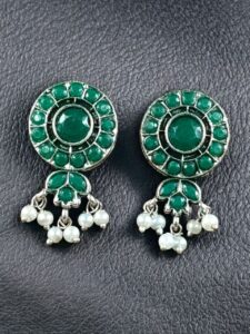 Traditional Silver Plated Stud Earrings | Stone & Pearl Perfect Daily Wear Jewelry for Girls - color: "Green"