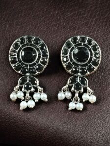 Traditional Silver Plated Stud Earrings | Stone & Pearl Perfect Daily Wear Jewelry for Girls - color: "Black"