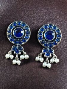 Traditional Silver Plated Stud Earrings | Stone & Pearl Perfect Daily Wear Jewelry for Girls - color: "Blue"