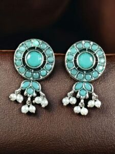 Traditional Silver Plated Stud Earrings | Stone & Pearl Perfect Daily Wear Jewelry for Girls - color: "Mint"