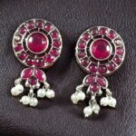 Bulk 208 Traditional Silver Plated Stud Earrings | Stone & Pearl Perfect Daily Wear Jewelry for Girls - "Red"
