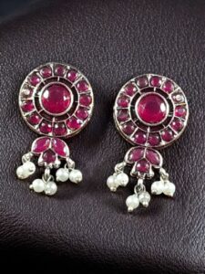 Traditional Silver Plated Stud Earrings | Stone & Pearl Perfect Daily Wear Jewelry for Girls - color: "Red"