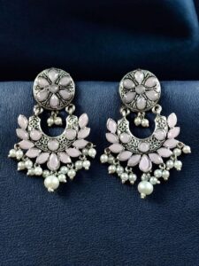 Handcrafted Unique Dangler Earrings | Elegant Traditional Stone & Pearl Detailing Jewelry - color: "Baby Pink"