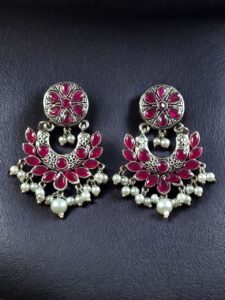 Handcrafted Unique Dangler Earrings | Elegant Traditional Stone & Pearl Detailing Jewelry - color: "Red"