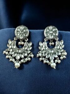 Handcrafted Unique Dangler Earrings | Elegant Traditional Stone & Pearl Detailing Jewelry - color: "White"