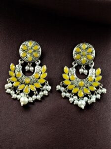 Handcrafted Unique Dangler Earrings | Elegant Traditional Stone & Pearl Detailing Jewelry - color: "Yellow"