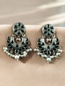 Handcrafted Unique Dangler Earrings | Elegant Traditional Stone & Pearl Detailing Jewelry - color: "Black"