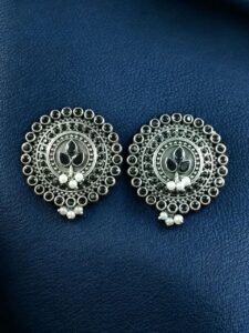 Daily Wear Oxidized Round Stud Earrings | Pearl & Stone Detailing Amazing Earring For Girls - color: "Black"