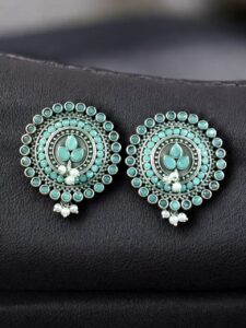 Daily Wear Oxidized Round Stud Earrings | Pearl & Stone Detailing Amazing Earring For Girls - color: "Mint"