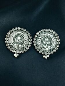 Daily Wear Oxidized Round Stud Earrings | Pearl & Stone Detailing Amazing Earring For Girls - color: "White"