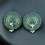 Bulk 196 Daily Wear Oxidized Round Stud Earrings | Pearl & Stone Detailing Amazing Earring For Girls - "Green"