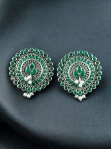 Daily Wear Oxidized Round Stud Earrings | Pearl & Stone Detailing Amazing Earring For Girls - color: "Green"