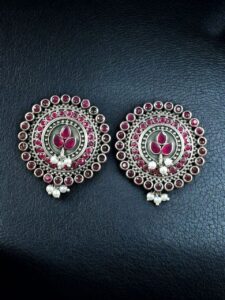 Daily Wear Oxidized Round Stud Earrings | Pearl & Stone Detailing Amazing Earring For Girls - color: "Red"