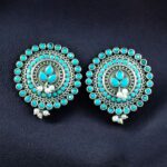 Bulk 202 Daily Wear Oxidized Round Stud Earrings | Pearl & Stone Detailing Amazing Earring For Girls - "Aqua"