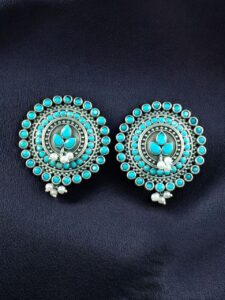 Daily Wear Oxidized Round Stud Earrings | Pearl & Stone Detailing Amazing Earring For Girls - color: "Aqua"