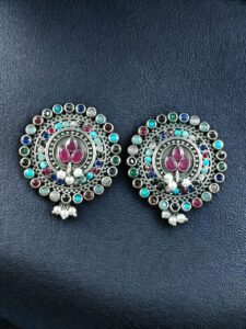 Daily Wear Oxidized Round Stud Earrings | Pearl & Stone Detailing Amazing Earring For Girls - color: "Multi"