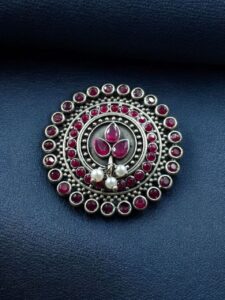 Traditional Pearl & Stone Work Oxidized Adjustable Ring | Vintage Look Ethnic Perfect Jewelry For Girls - color: "Red"