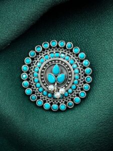 Traditional Pearl & Stone Work Oxidized Adjustable Ring | Vintage Look Ethnic Perfect Jewelry For Girls - color: "Aqua"