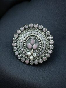 Traditional Pearl & Stone Work Oxidized Adjustable Ring | Vintage Look Ethnic Perfect Jewelry For Girls - color: "Baby Pink"