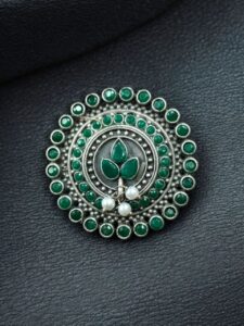 Traditional Pearl & Stone Work Oxidized Adjustable Ring | Vintage Look Ethnic Perfect Jewelry For Girls - color: "Green"