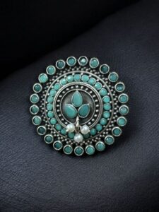 Traditional Pearl & Stone Work Oxidized Adjustable Ring | Vintage Look Ethnic Perfect Jewelry For Girls - color: "Mint"